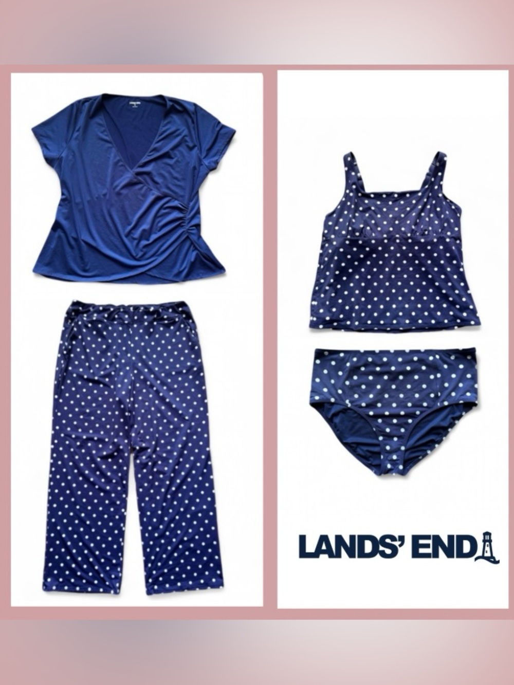 Lands End 4 Pc Swim Set Women's‎ Sz L/XL -16/18 DDD Shirt Pants Tankini Navy Dot